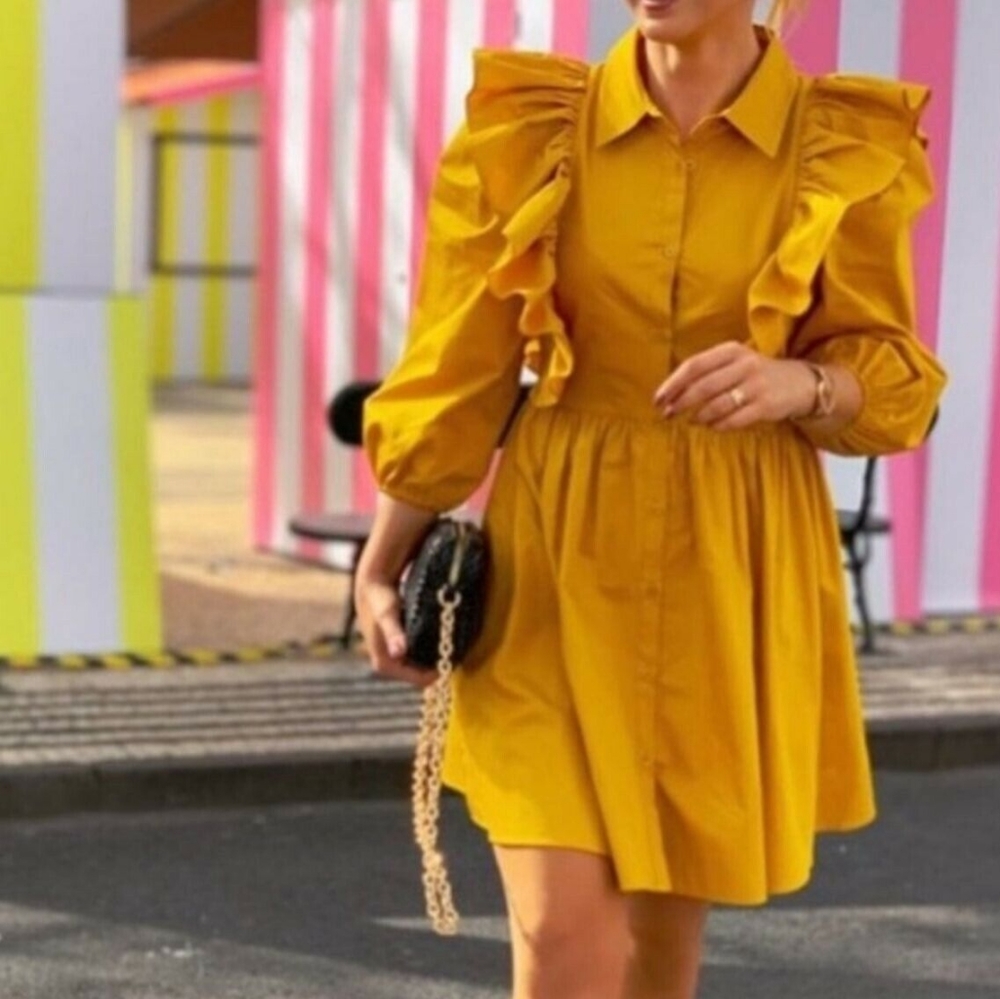 🏵️💚 Ruffle Sleeve Zara Mustard Dress